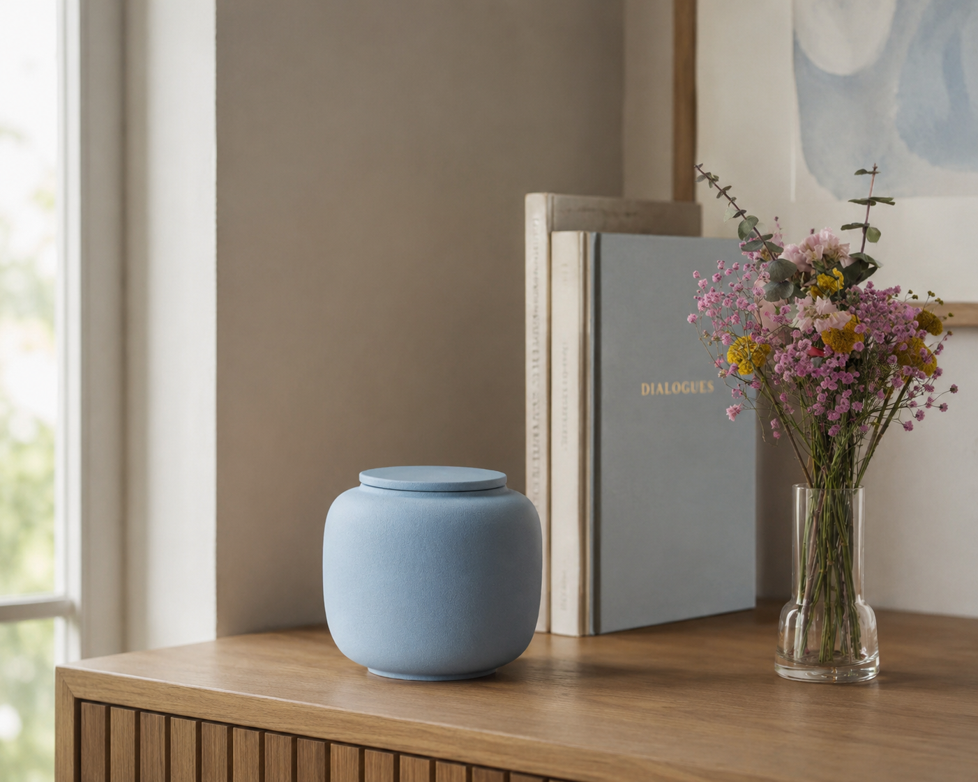 Kleine eco urn 'SERES' – grijsblauw engobe, 700 ml — handgemaakt door ambachtelijke ateliers in België en Portugal