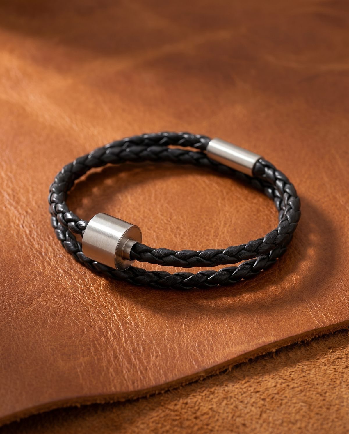 Zwart Gevlochten Leer Armband in edelstaal