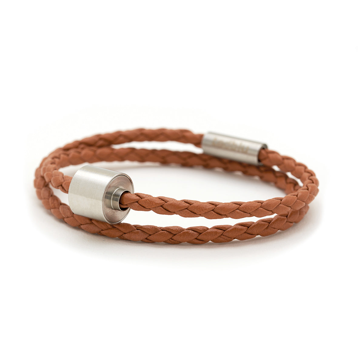 Cognac Gevlochten Leer Armband in edelstaal