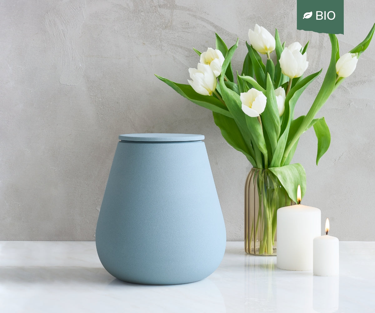 Eco keramieken urn ATHOS – grijsblauw engobe, 3,8L - detailweergave