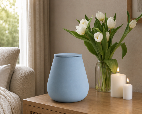 Eco keramieken urn ATHOS – grijsblauw engobe, 3,8L