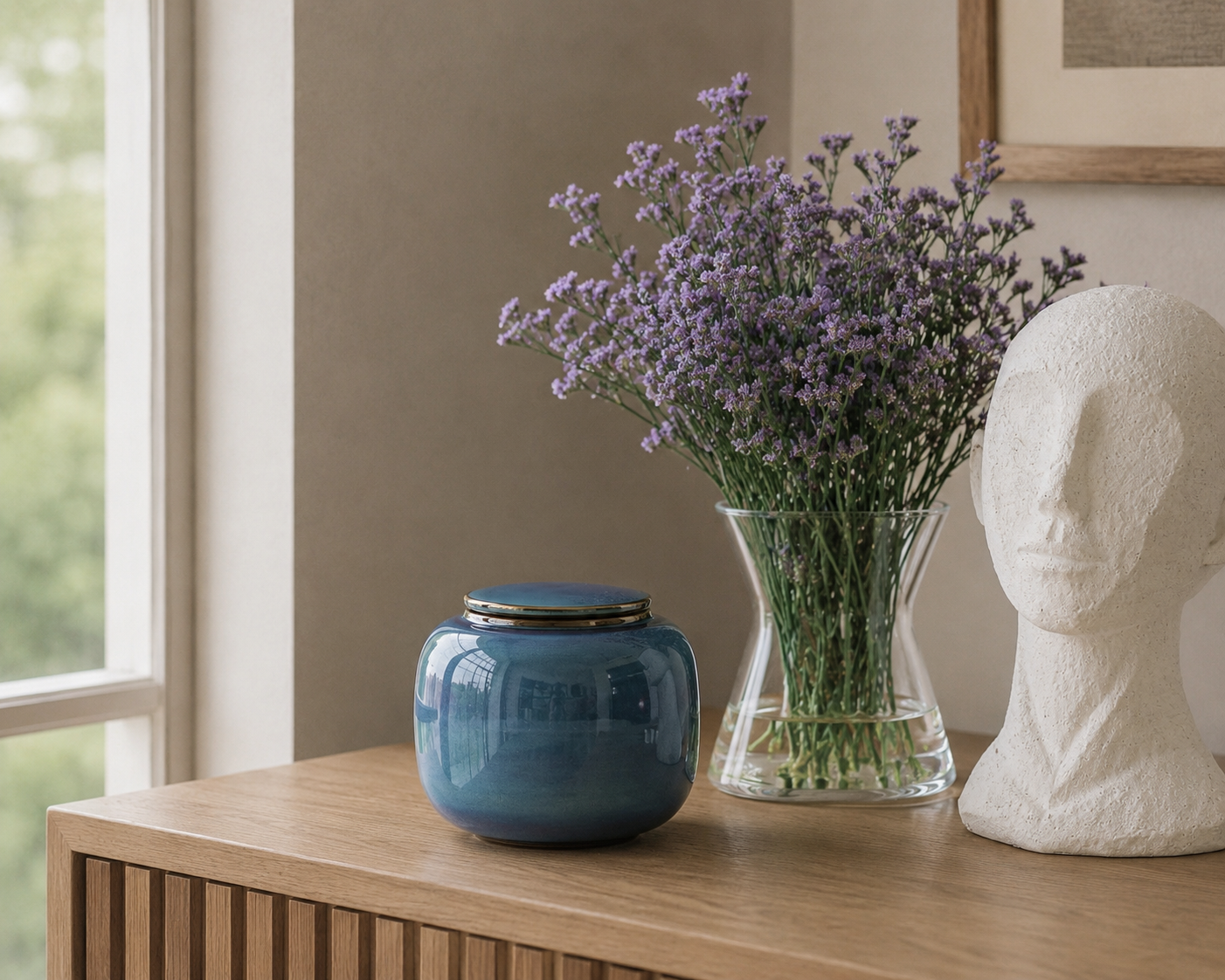 Kleine keramieken urn 'SERES' – groen & blauw, 700 ml — handgemaakt door ambachtelijke ateliers in België en Portugal