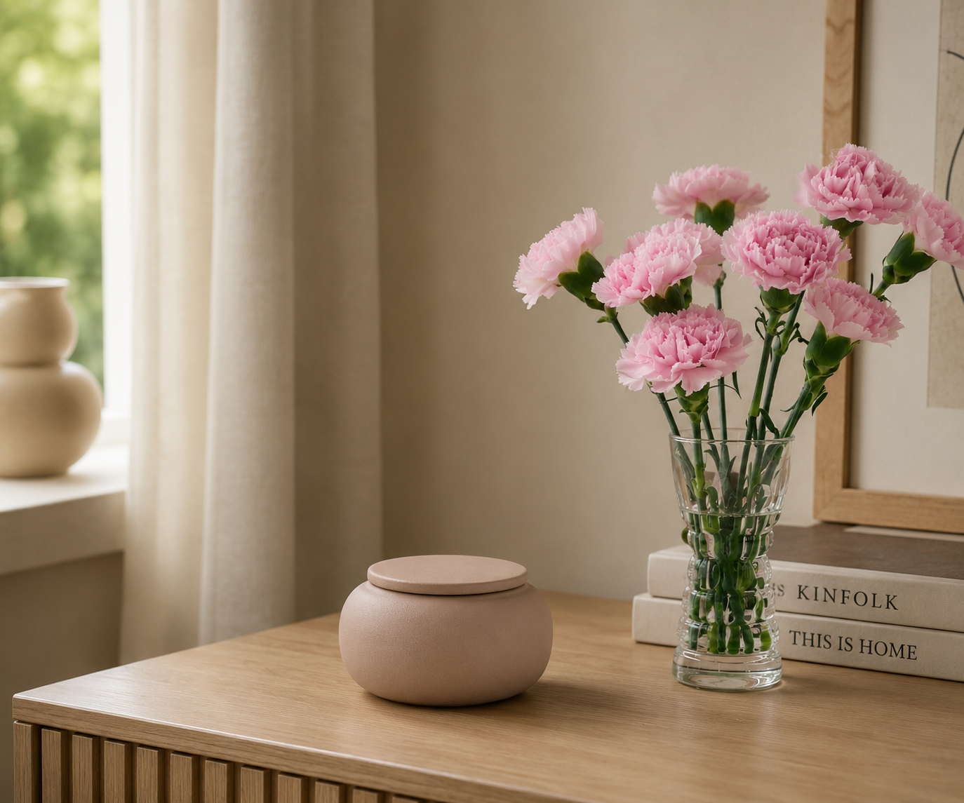 Mini eco urn 'SERES' – zandkleurig engobe, 200 ml — handgemaakt door ambachtelijke ateliers in België en Portugal