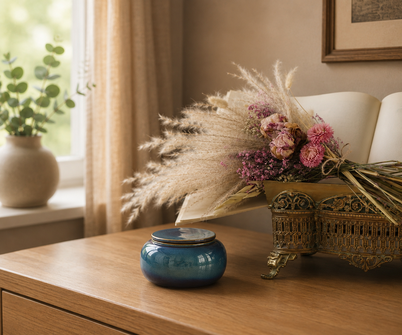 Mini urn keramiek 'SERES' – groen & blauw, 200 ml — handgemaakt door ambachtelijke ateliers in België en Portugal