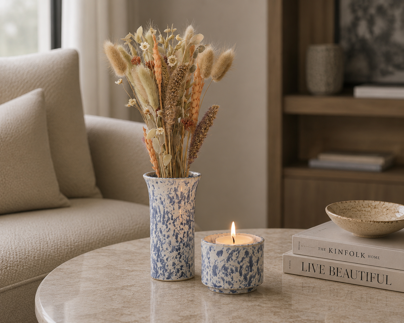 Mini urn met theelichthouder 'HELIOS' – wit & blauw gespikkeld, 50 ml