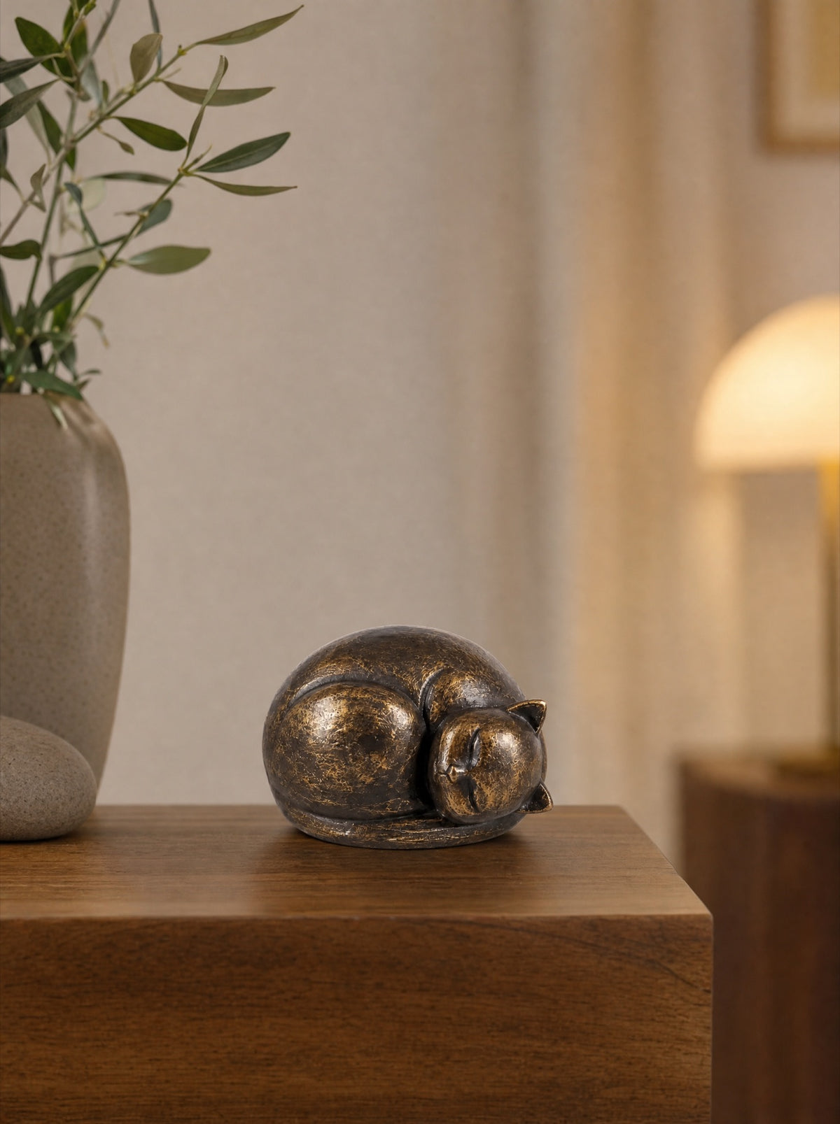 Urn voor dieren brons 13 cm, slapende kat