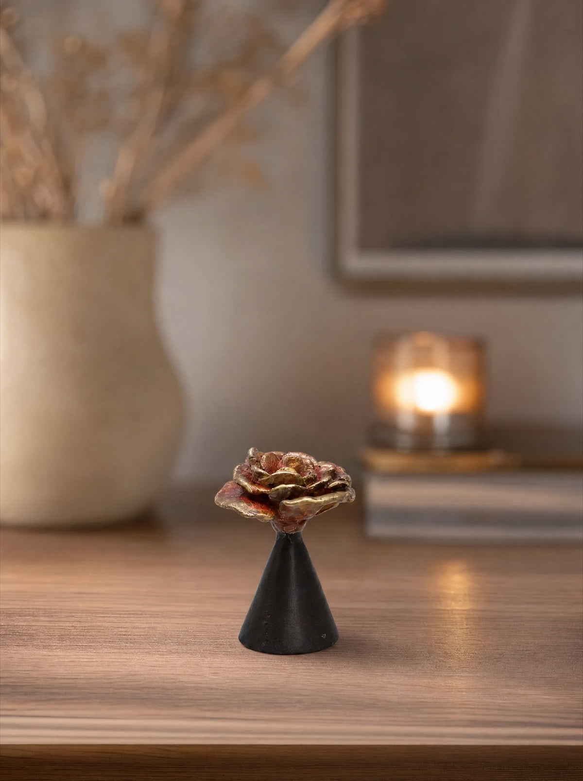 Mini urn brons 6 cm, gele bloem