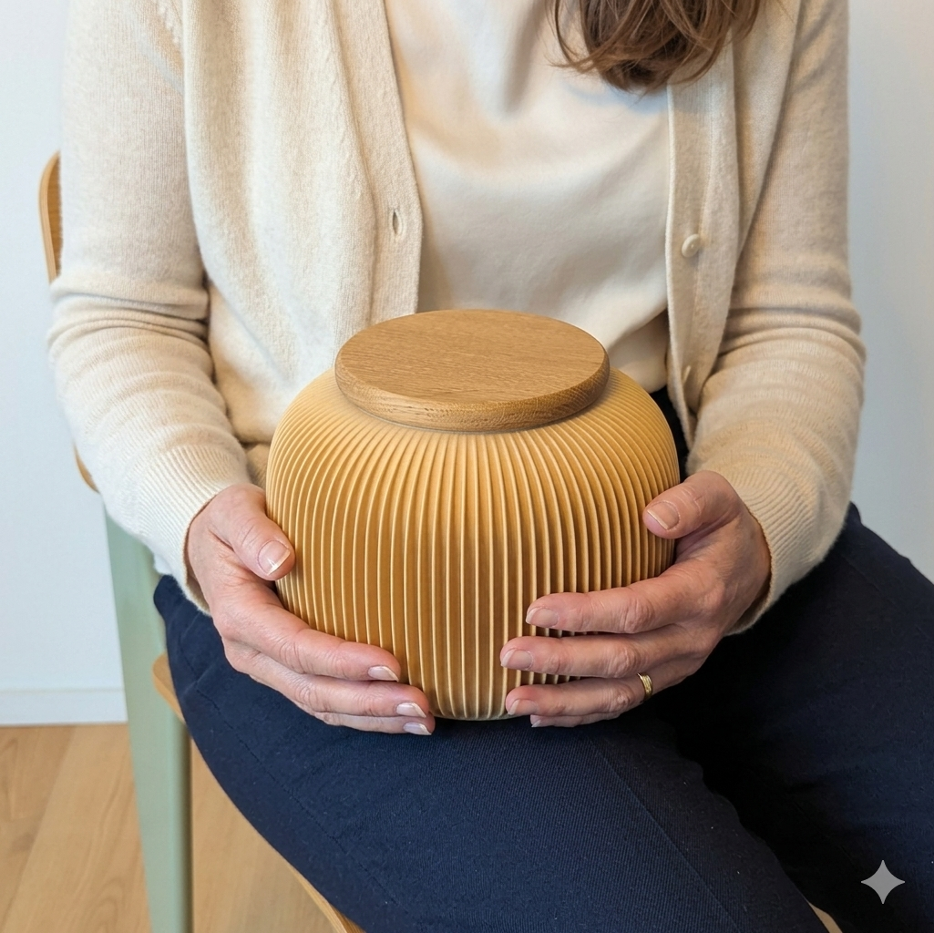 Kleine urn 'NESUTO' – houtvezel, biologisch afbreekbaar, 1,6L — handgemaakt door Farvel, Zürich (foto 3)