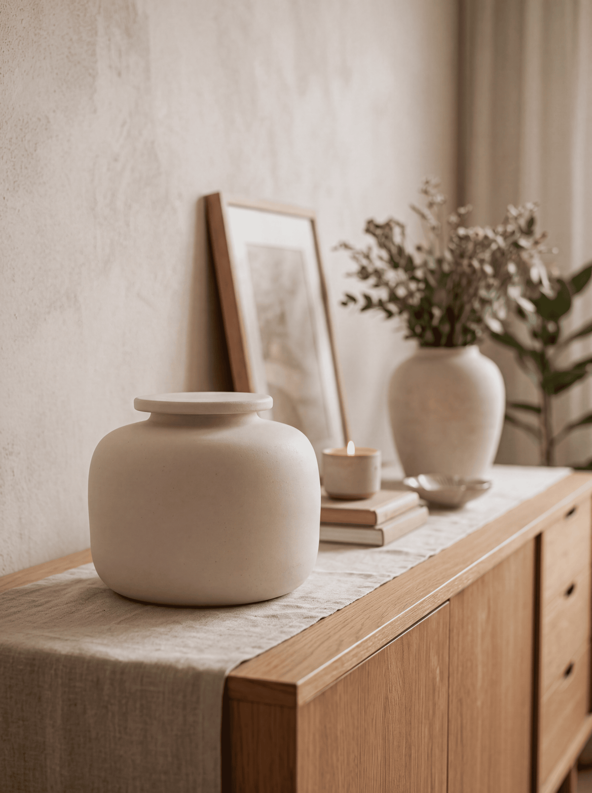 Mini urn 450 ml keramiek, satijn wit, BOHO COTTON