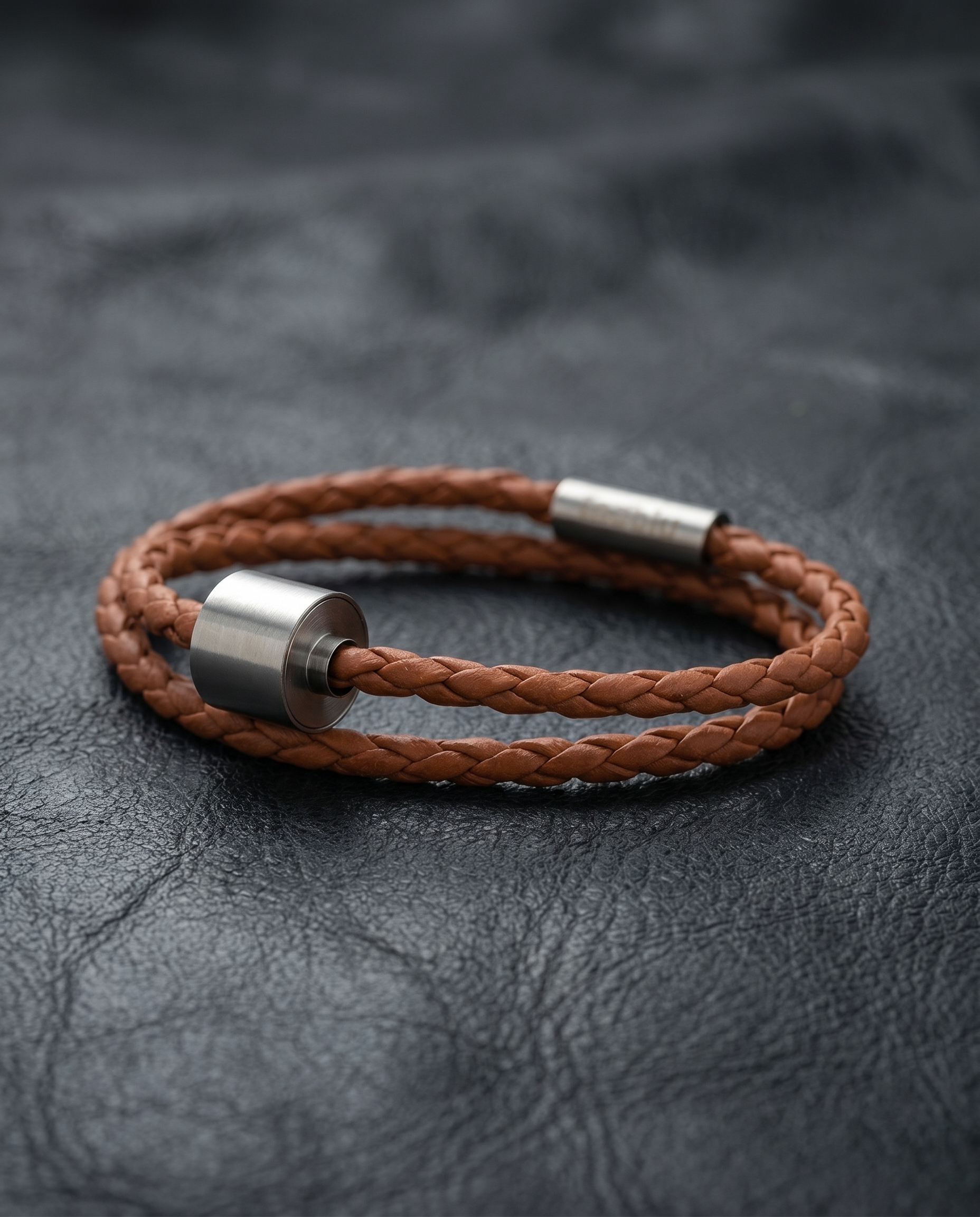 Cognac Gevlochten Leer Armband in edelstaal