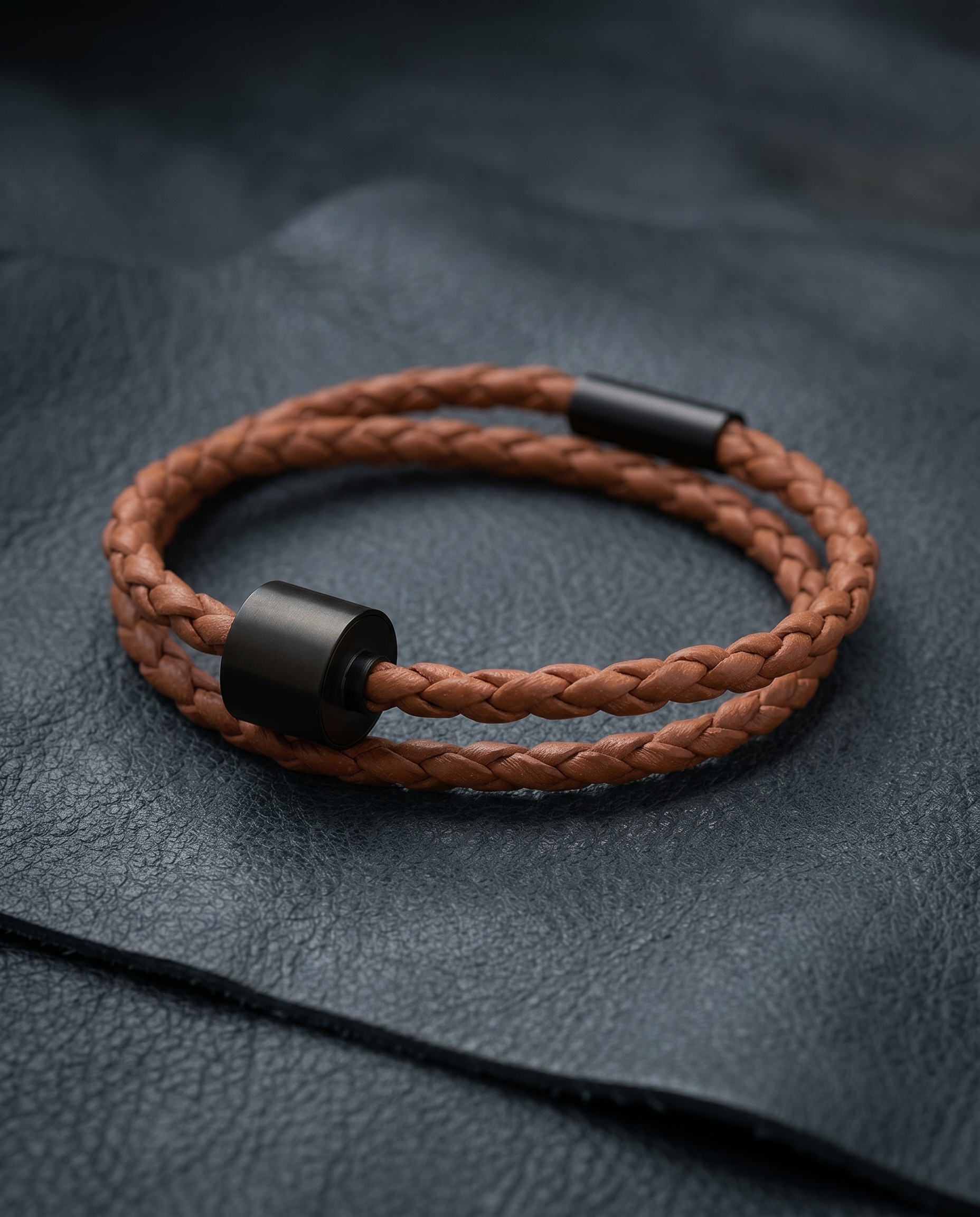 Cognac Gevlochten Leer Armband in black edition