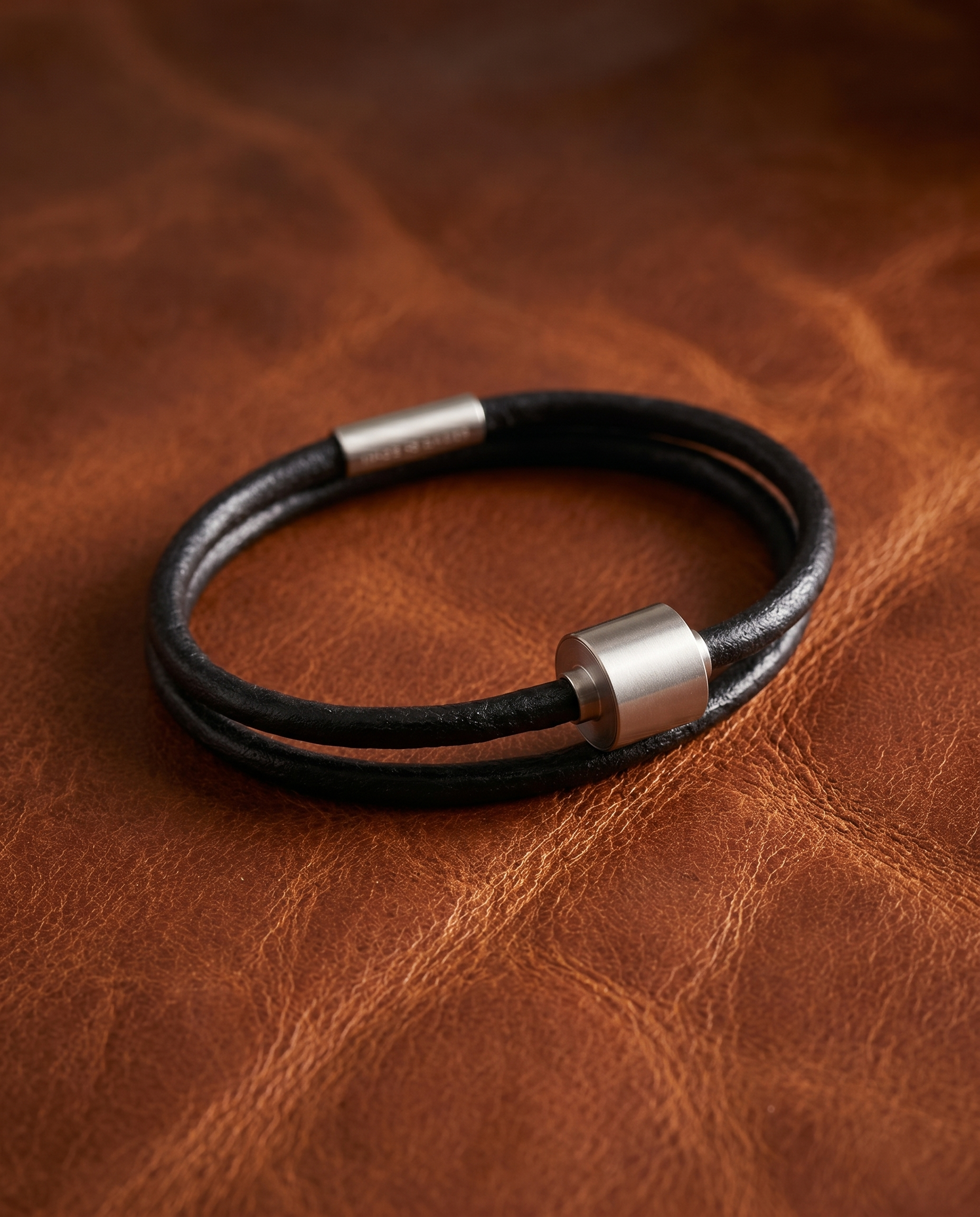 Zwart Glad Leer Armband in edelstaal