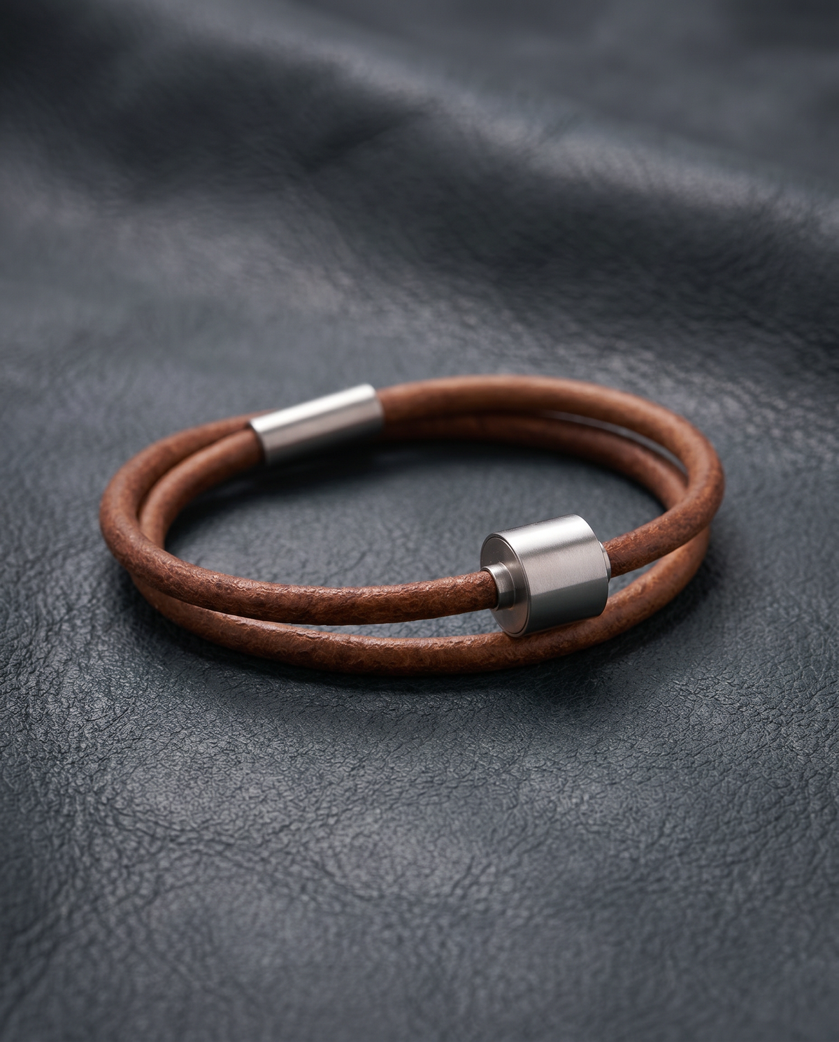 Cognac Glad Leer Armband in edelstaal