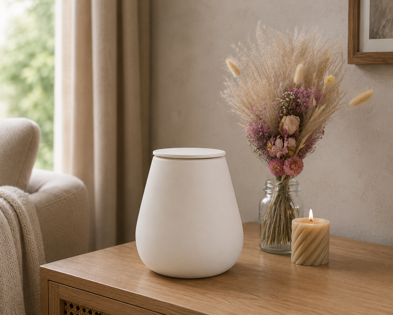 Eco keramieken urn 'ATHOS' – beige engobe, 3,8L, handgemaakt door ambachtelijke ateliers in België en Portugal