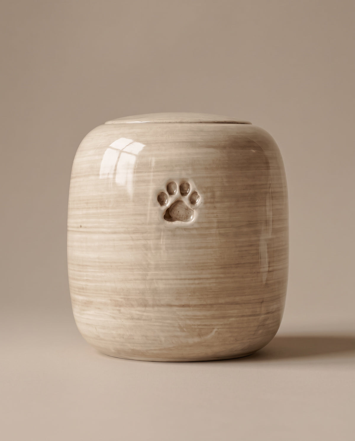 Keramieken dierenurn met pootafdruk in touwbeige, model Aura