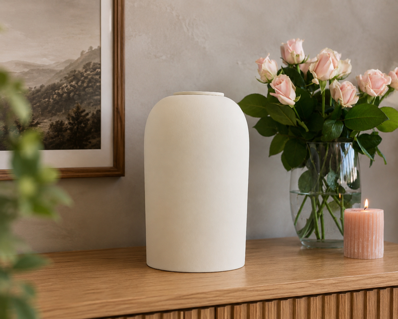 Eco keramieken urn 'PELION' – beige engobe, 4,4L, handgemaakt door ambachtelijke ateliers in België en Portugal