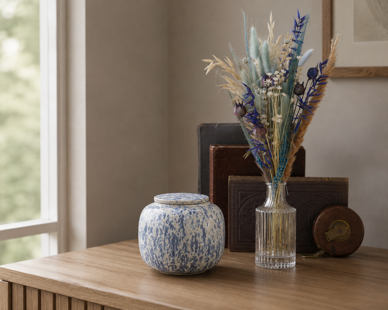 Kleine keramieken urn 'SERES' – wit & blauw gespikkeld, 700 ml