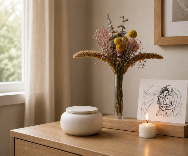Mini eco urn 'SERES' – beige engobe, 200 ml, handgemaakt door ambachtelijke ateliers in België en Portugal