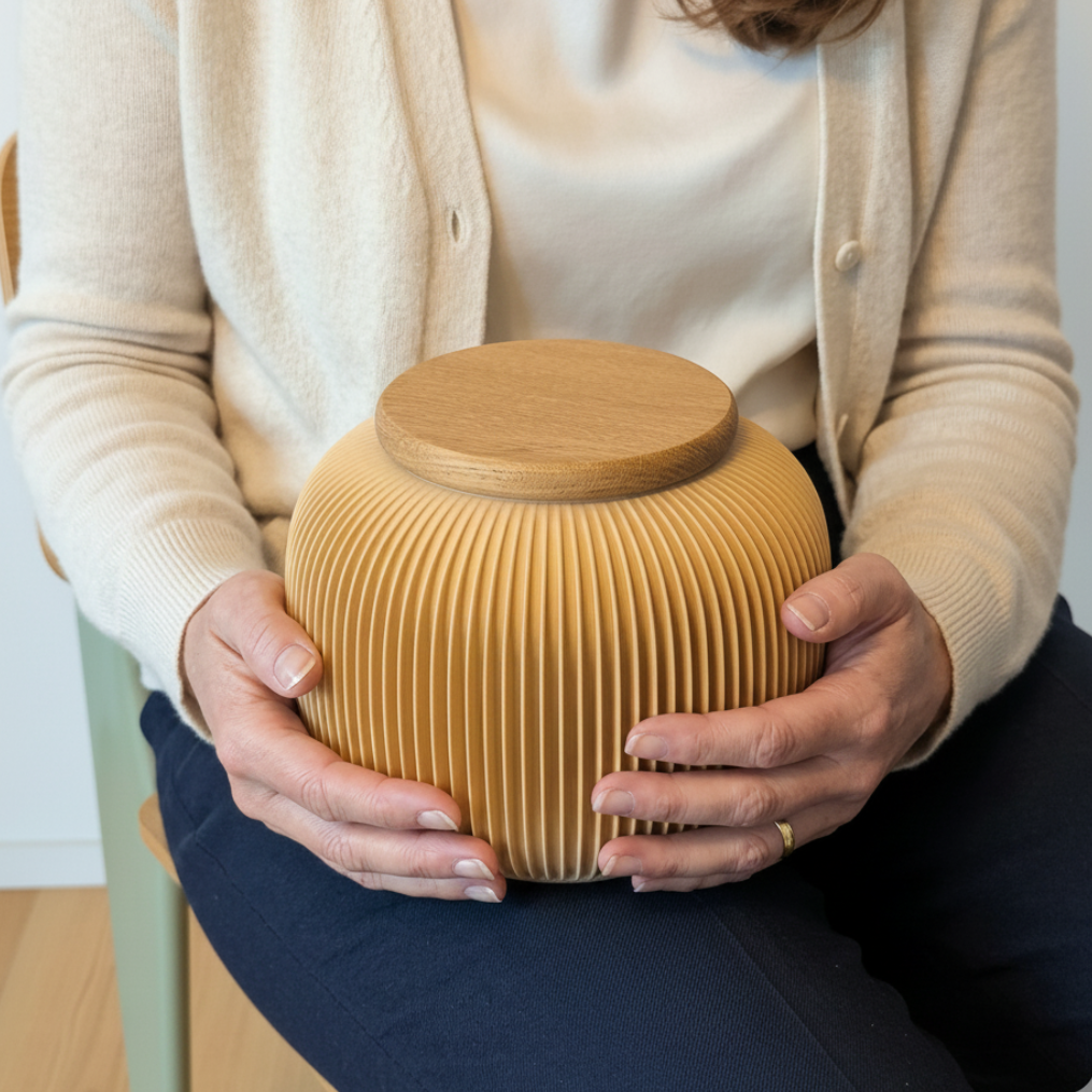 Kleine urn 'NESUTO' – houtvezel, biologisch afbreekbaar, 1,6L, handgemaakt door Farvel, Zürich (foto 3)