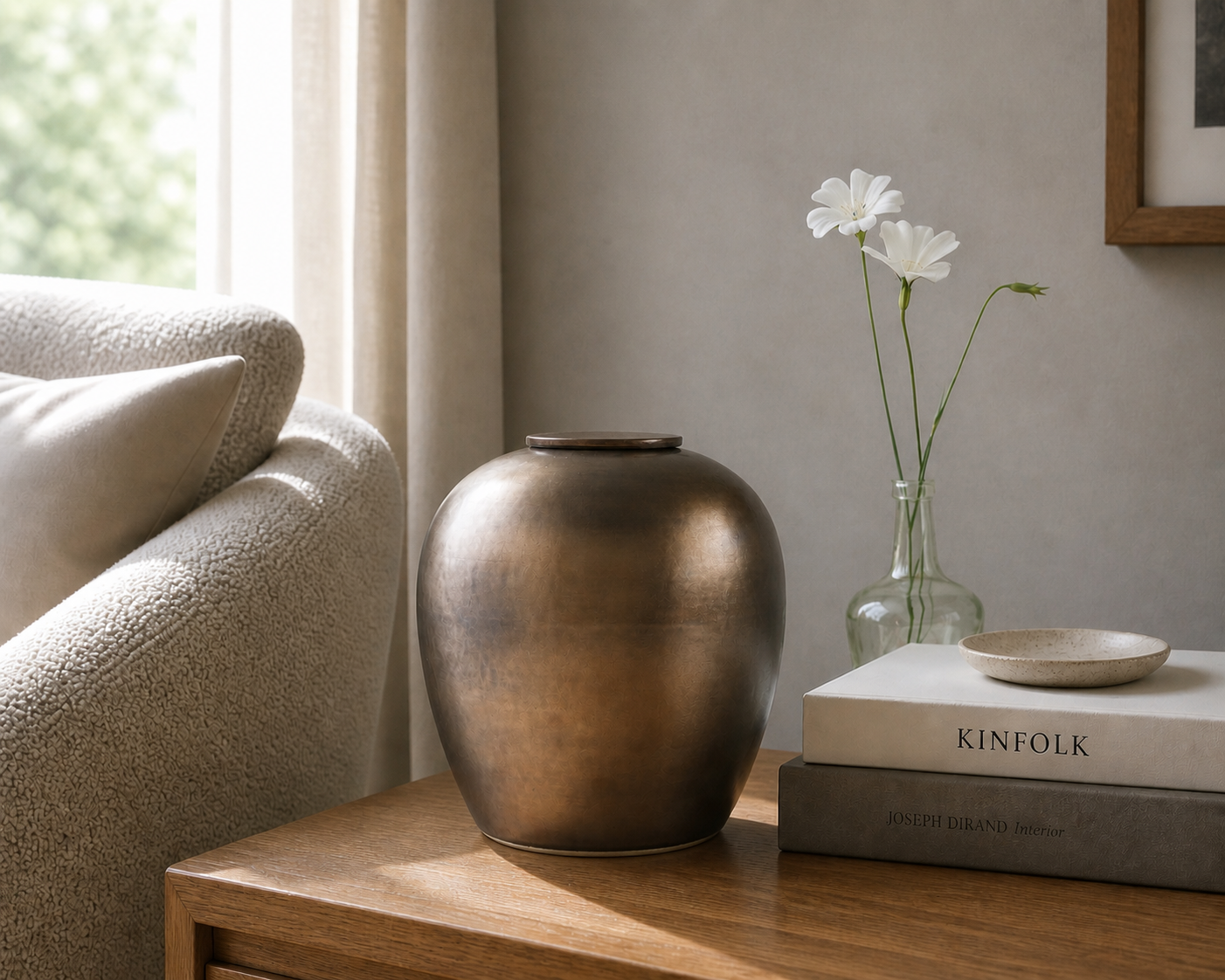 Keramieken urn groot 'VERNO' – koper metallic, 3,5L, handgemaakt door ambachtelijke ateliers in België en Portugal